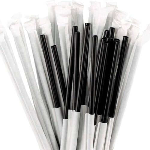 Plastic Straw Black 8mm Wrapped 500 Pcs